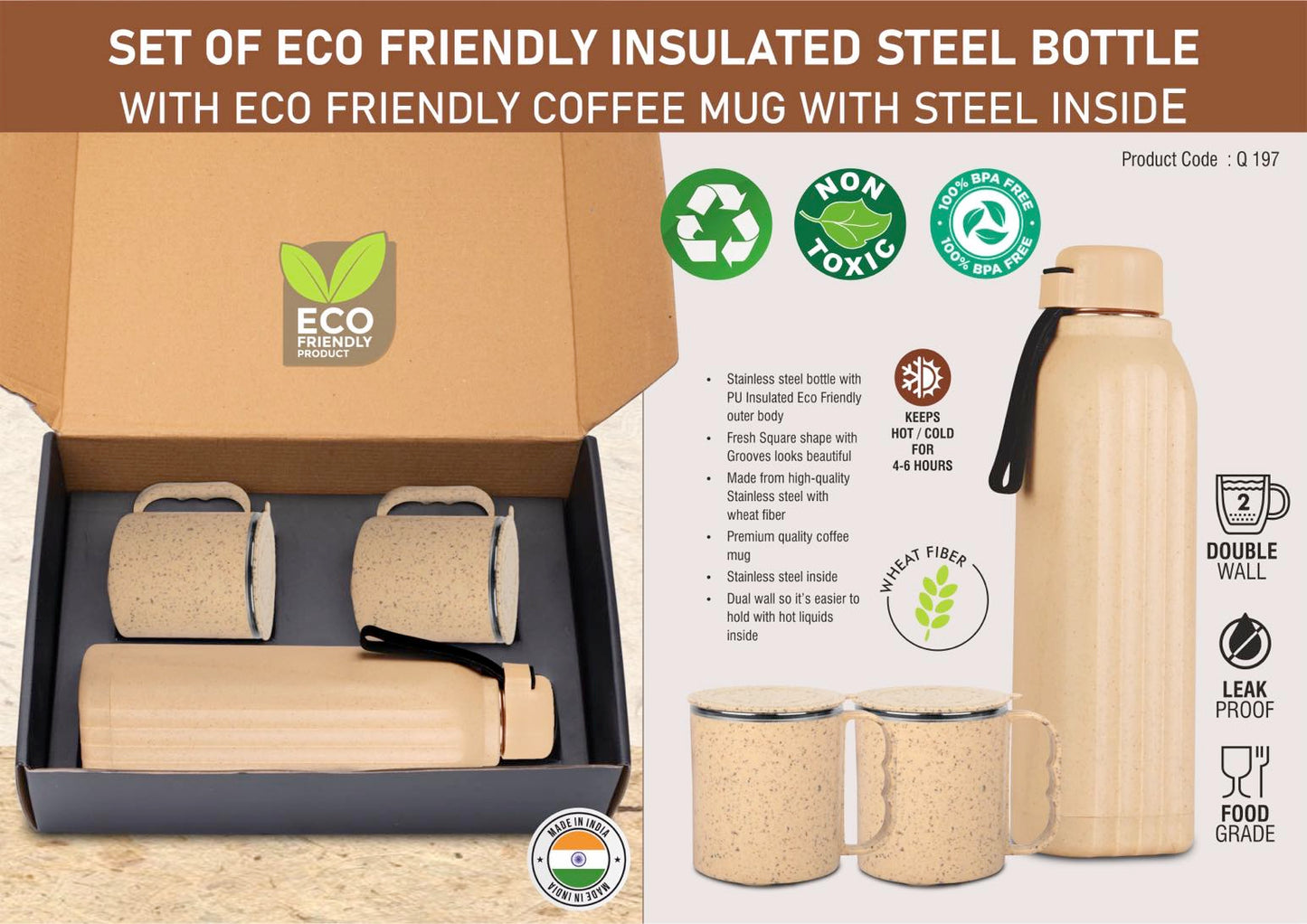 Q197 – 3 pc Eco Gift Set : Insulated Square Eco Steel bottle with 2 Eco Steel cups | Keeps hot for 4-6 hours