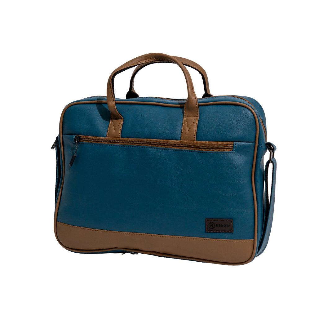 RENOVA Teal Blue & Tan Faux Leather Laptop Messenger Bag