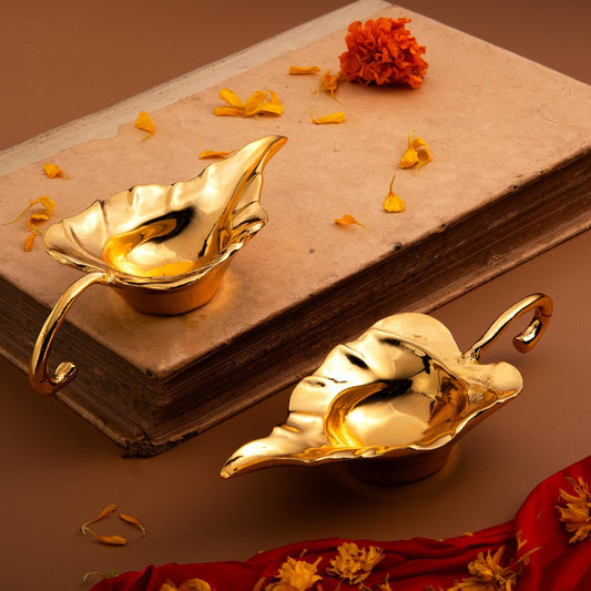 Brass Peepal Leaf Design Diya Pair