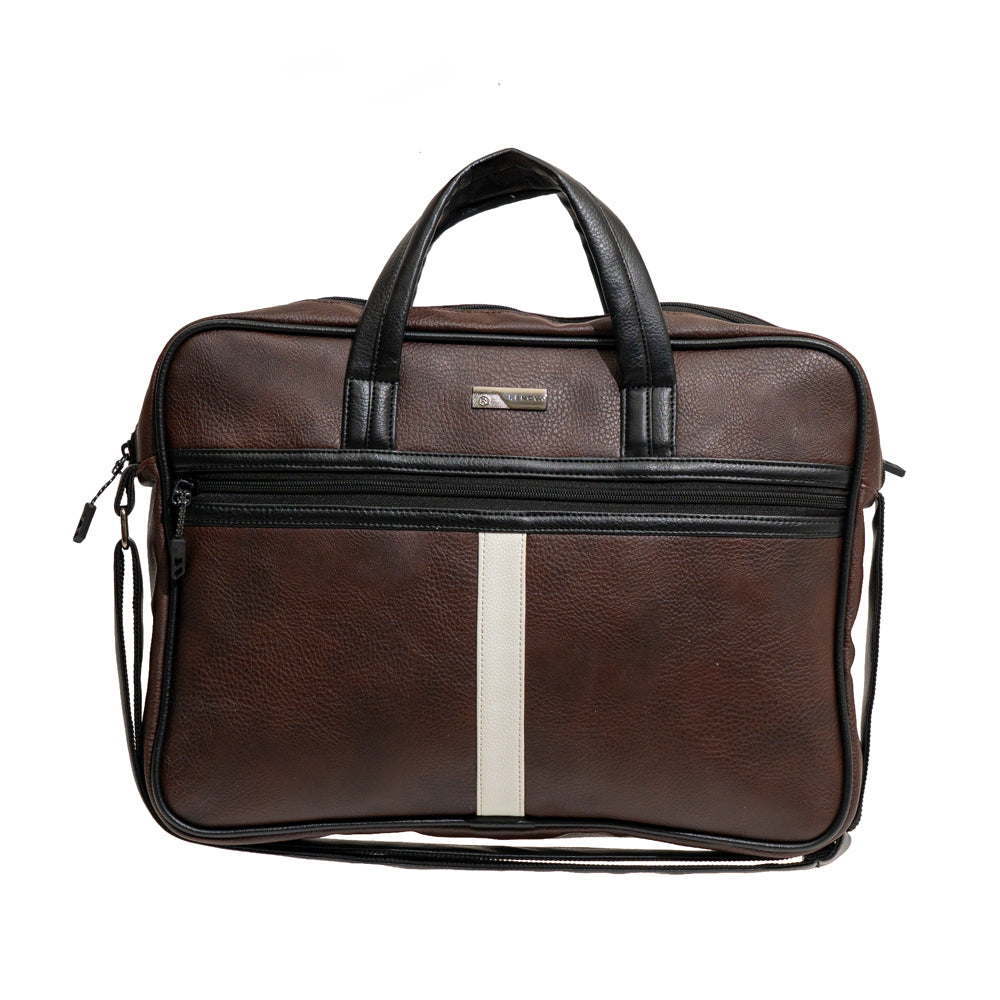 Dark Brown & White Striped Faux Leather Laptop Messenger Bag