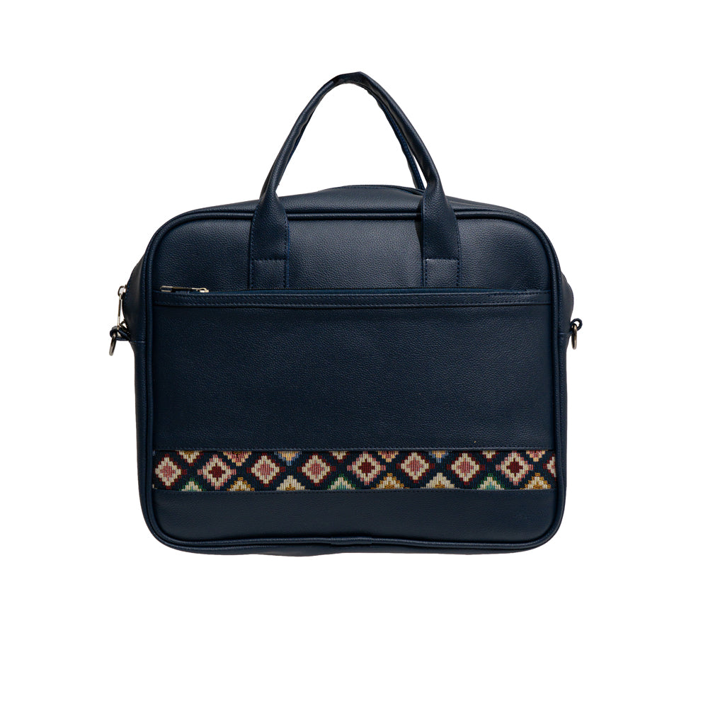 Navy Blue Ethnic Diamond Border Faux Leather Laptop Messenger Bag (Model: OMZ345)