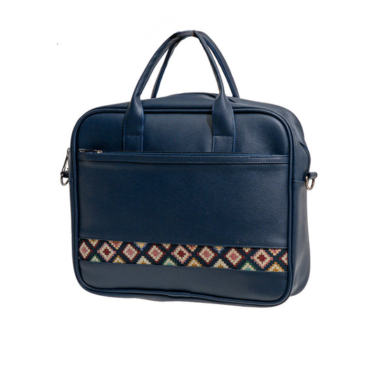 Navy Blue Ethnic Diamond Border Faux Leather Laptop Messenger Bag (Model: OMZ345)