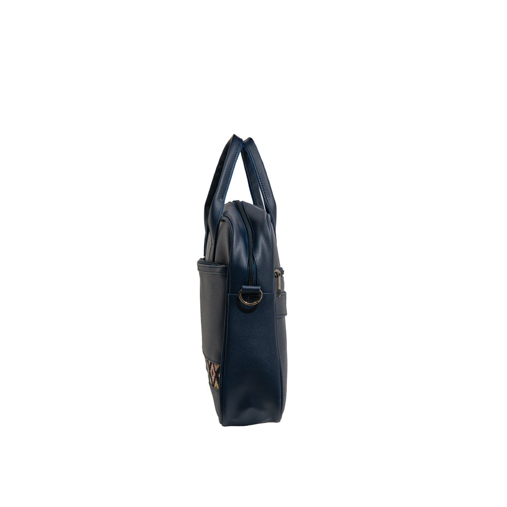 Navy Blue Ethnic Diamond Border Faux Leather Laptop Messenger Bag (Model: OMZ345)