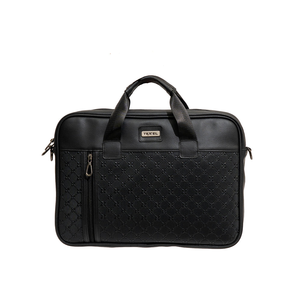 TEXEL All-Black Embossed Monogram Faux Leather Laptop Messenger Bag (Model: TXL508)