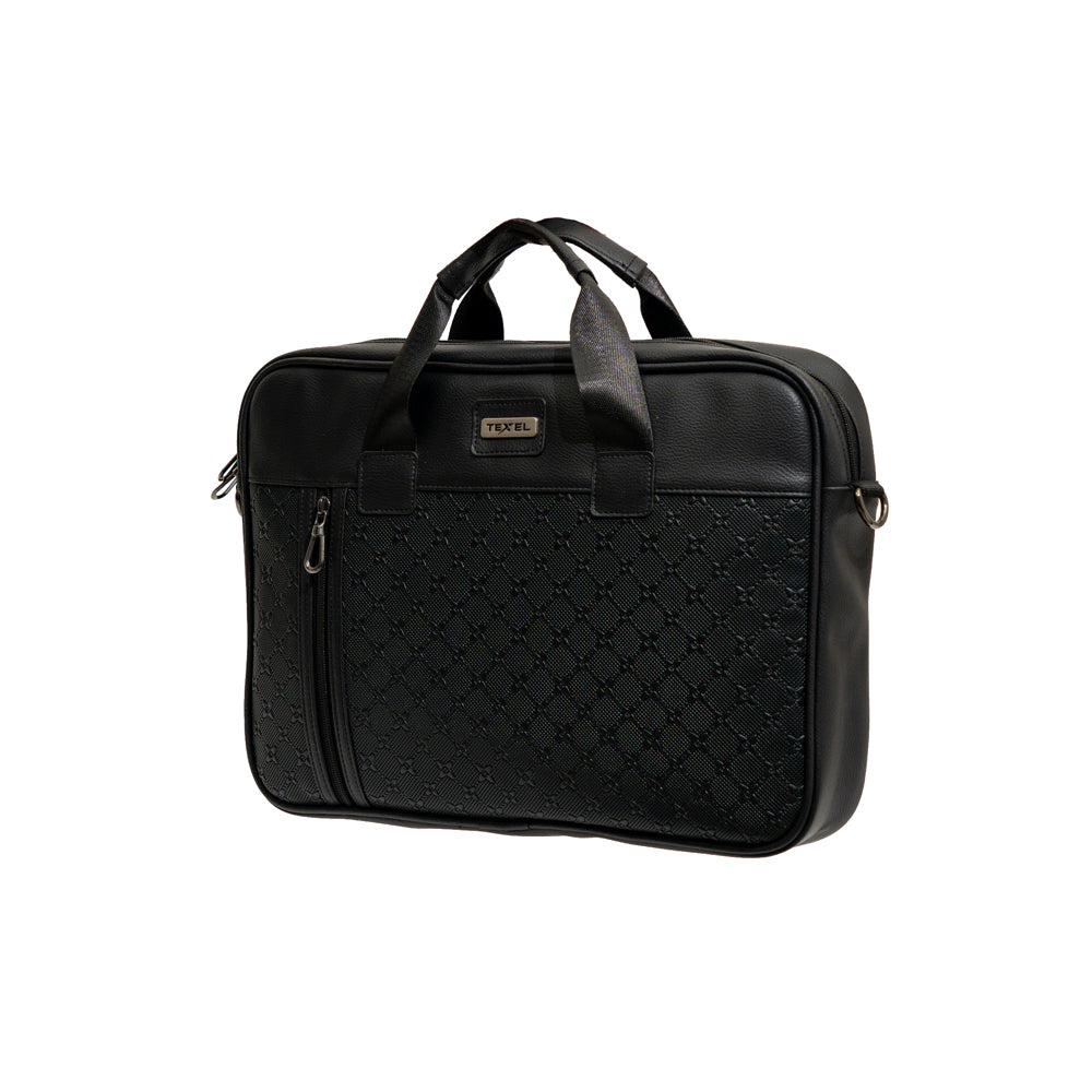 TEXEL All-Black Embossed Monogram Faux Leather Laptop Messenger Bag (Model: TXL508)