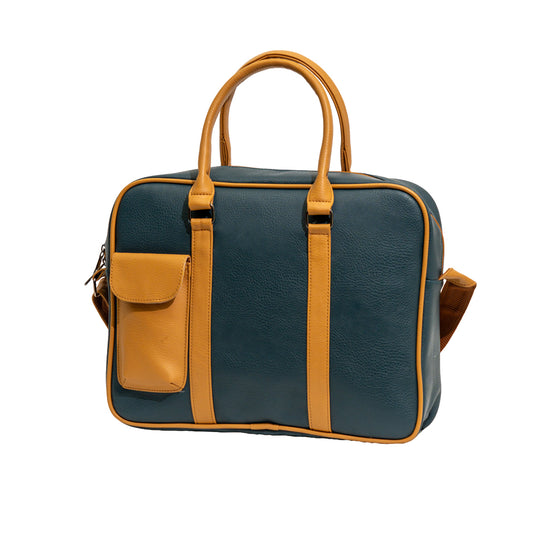 Teal Blue & Mustard Tan Faux Leather Laptop Messenger Bag (Model: R205)