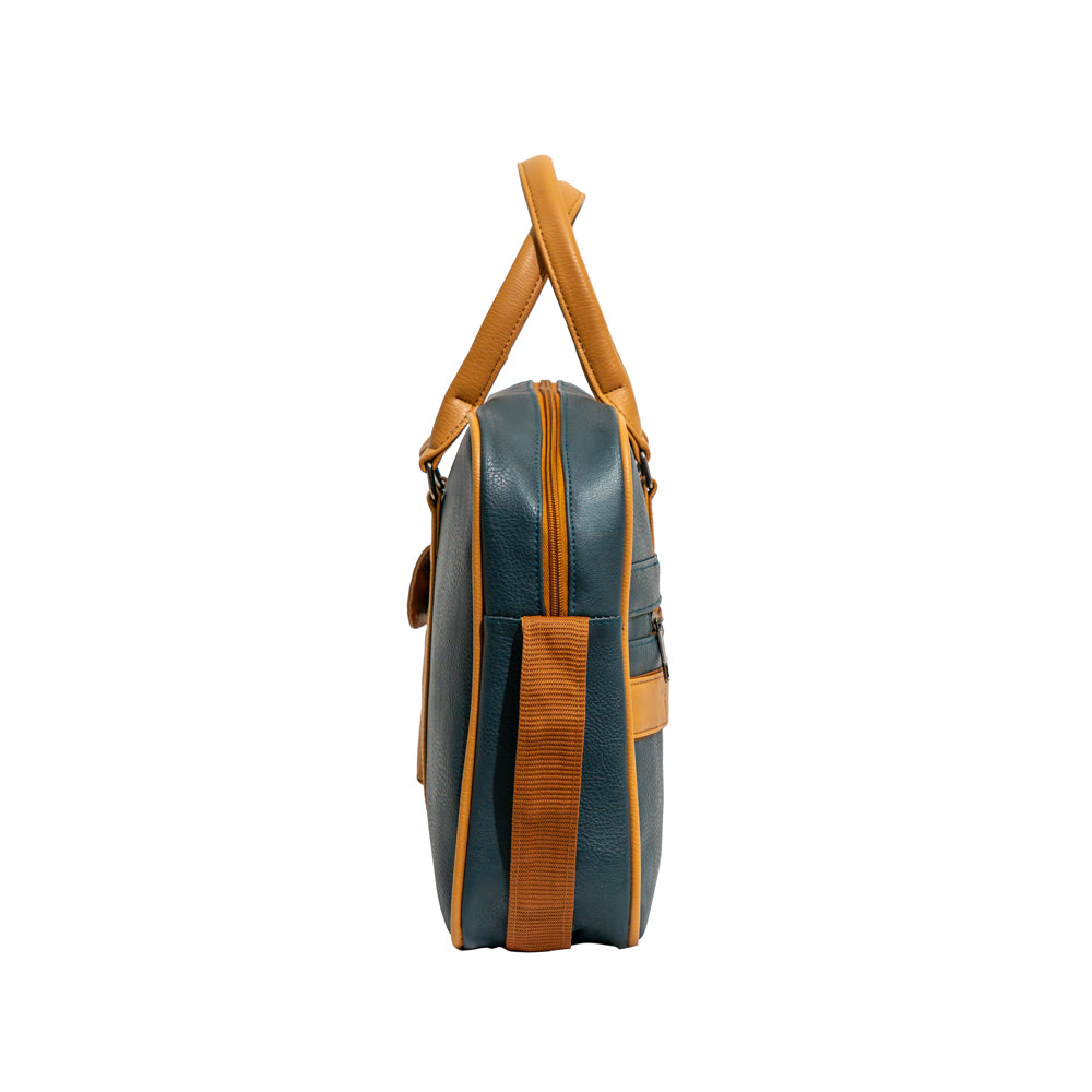 Teal Blue & Mustard Tan Faux Leather Laptop Messenger Bag (Model: R205)