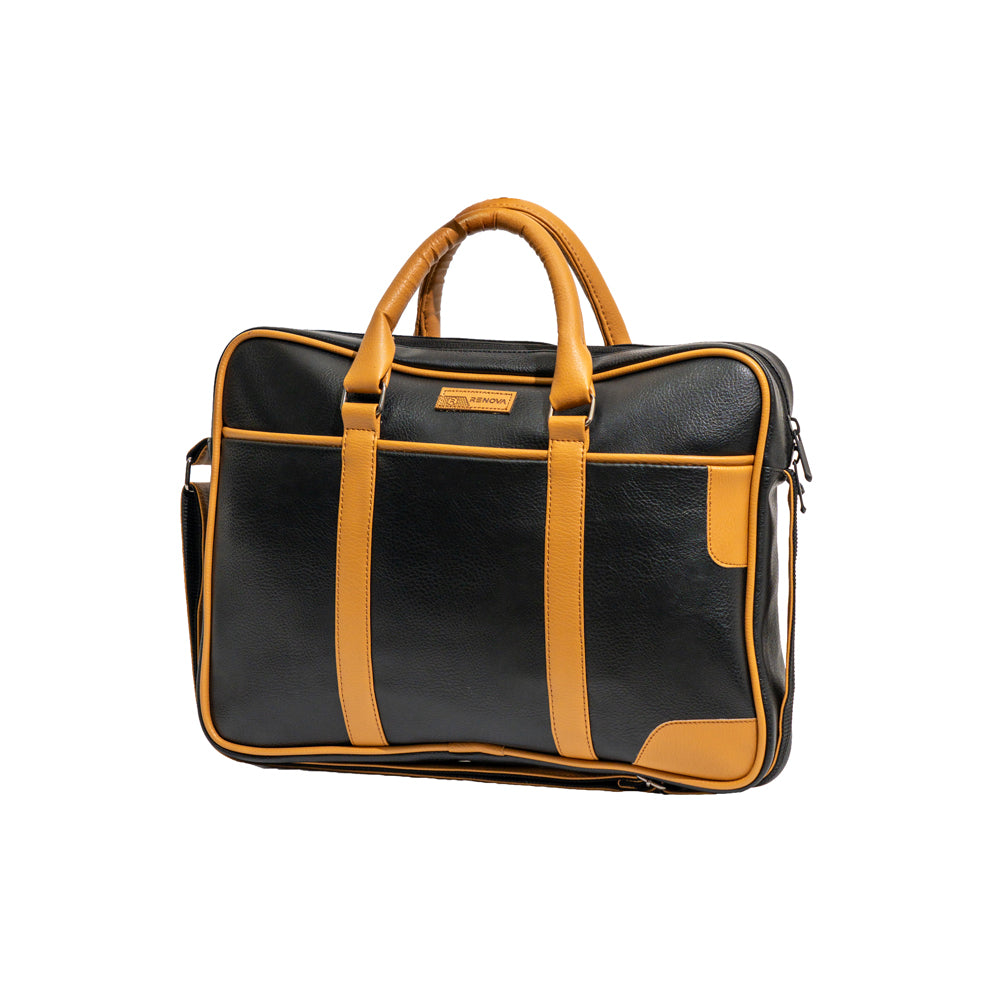 Executive Black & Mustard Tan Faux Leather Laptop Messenger Bag