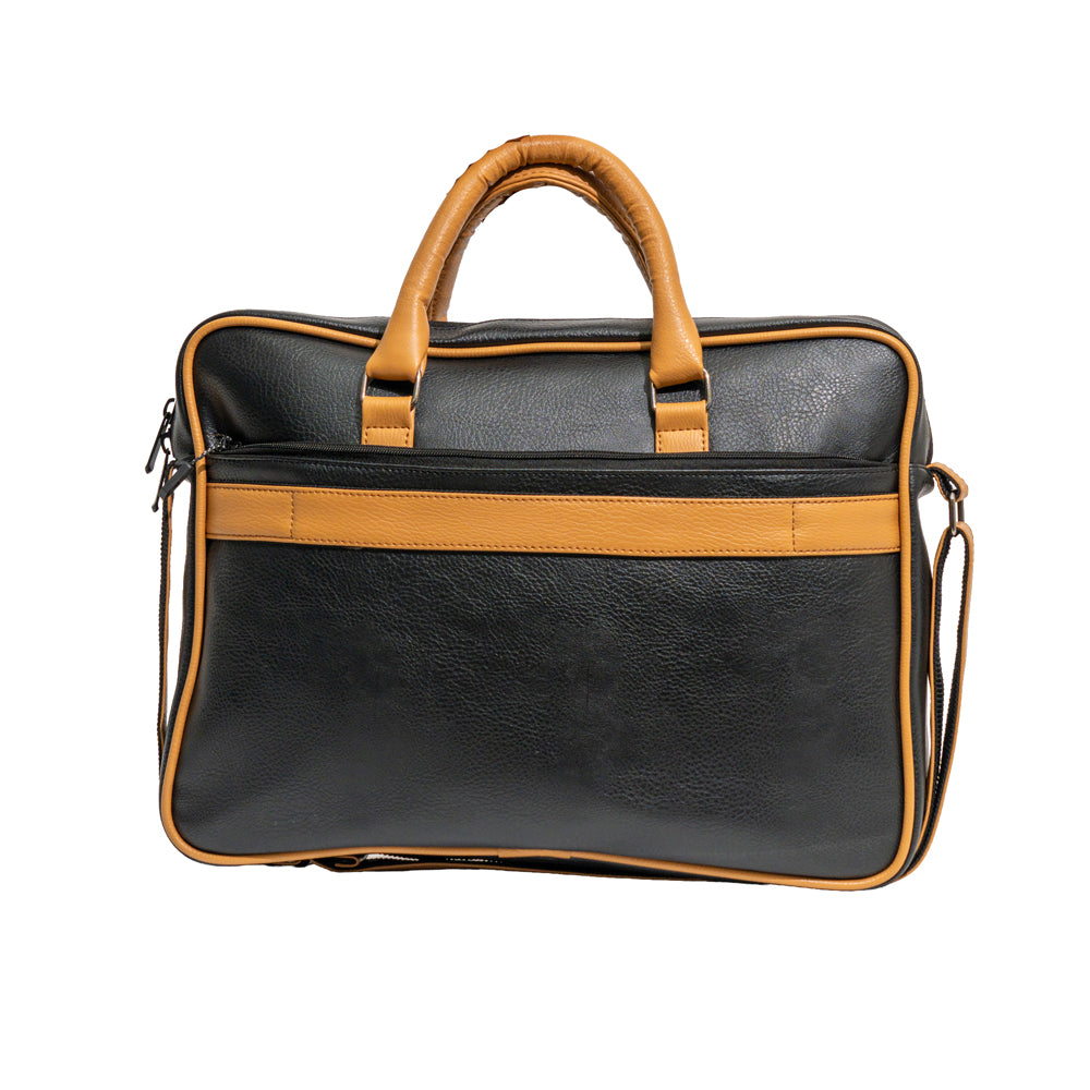 Executive Black & Mustard Tan Faux Leather Laptop Messenger Bag