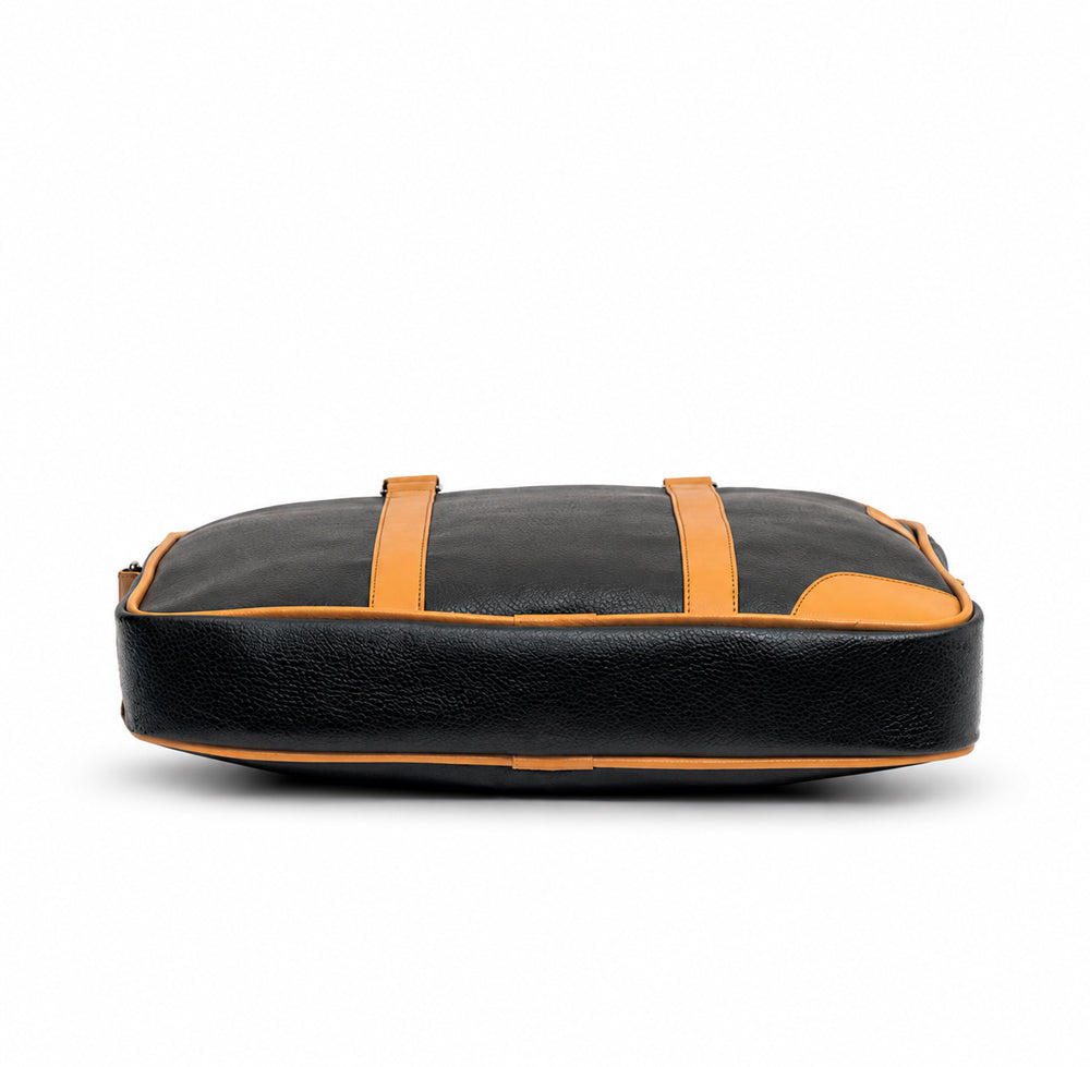 Executive Black & Mustard Tan Faux Leather Laptop Messenger Bag