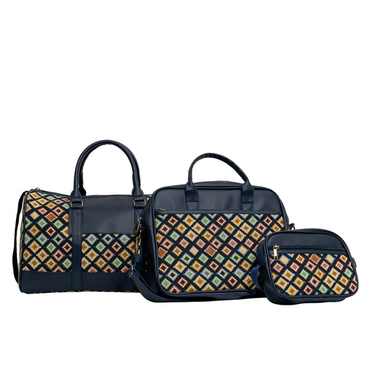 Navy Blue Ethnic Diamond Jacquard 3-Piece Travel & Messenger Bag Combo Set (Model: OMZ422)