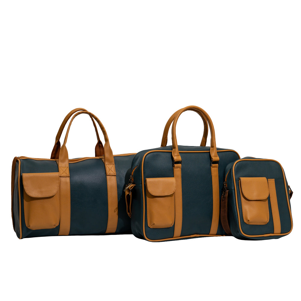 Teal & Tan Faux Leather 3-Piece Travel Duffle, Laptop Messenger & Crossbody Bag Combo Set (Model: R4222)