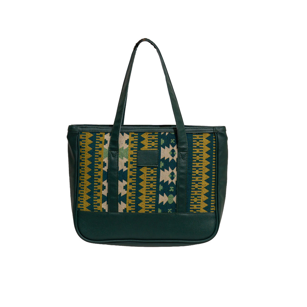 Dark Green Ethnic Geometric Jacquard Travel Duffle & Shoulder Tote Bag Combo Set (Model: OMZ415)