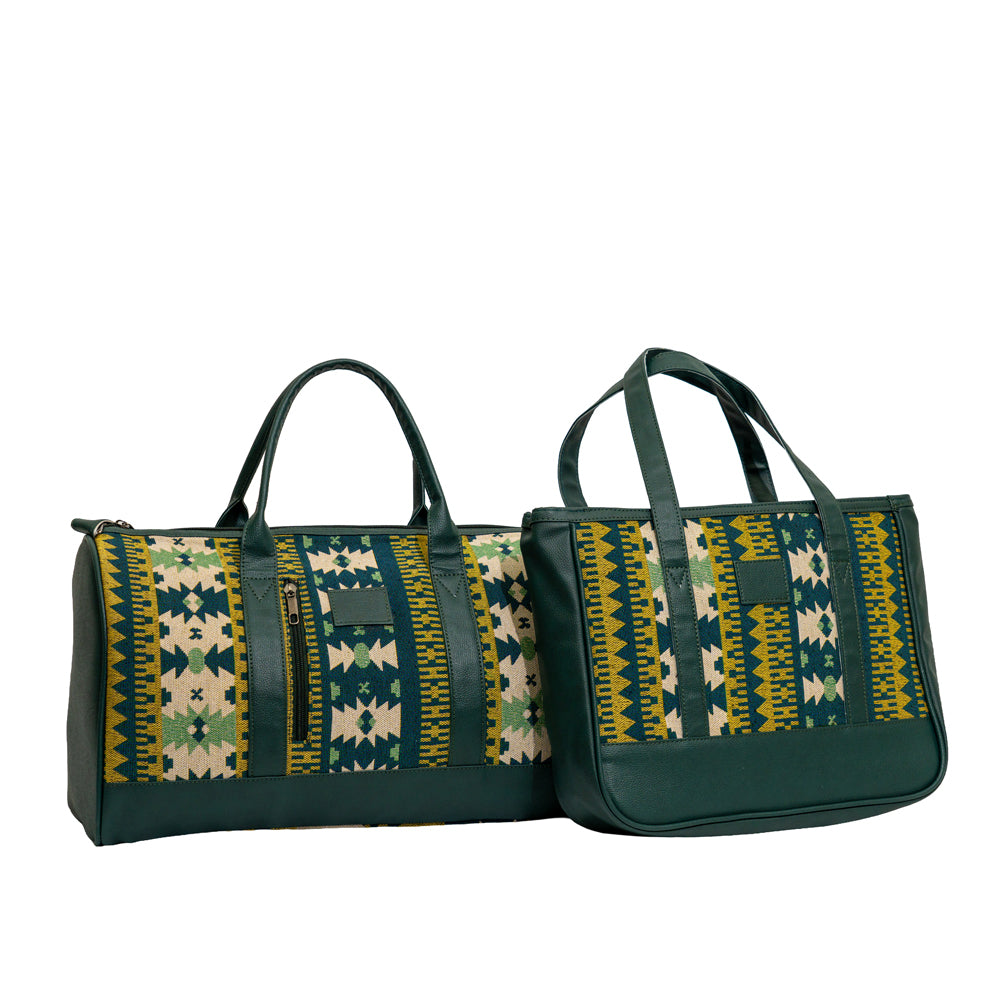 Dark Green Ethnic Geometric Jacquard Travel Duffle & Shoulder Tote Bag Combo Set (Model: OMZ415)
