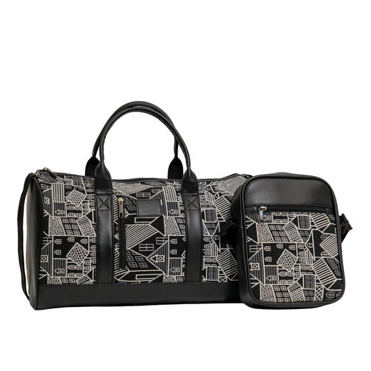Black & White Abstract Cityscape Geometric Print Travel Duffle & Messenger Pouch Combo Set (Model: OMZ417)