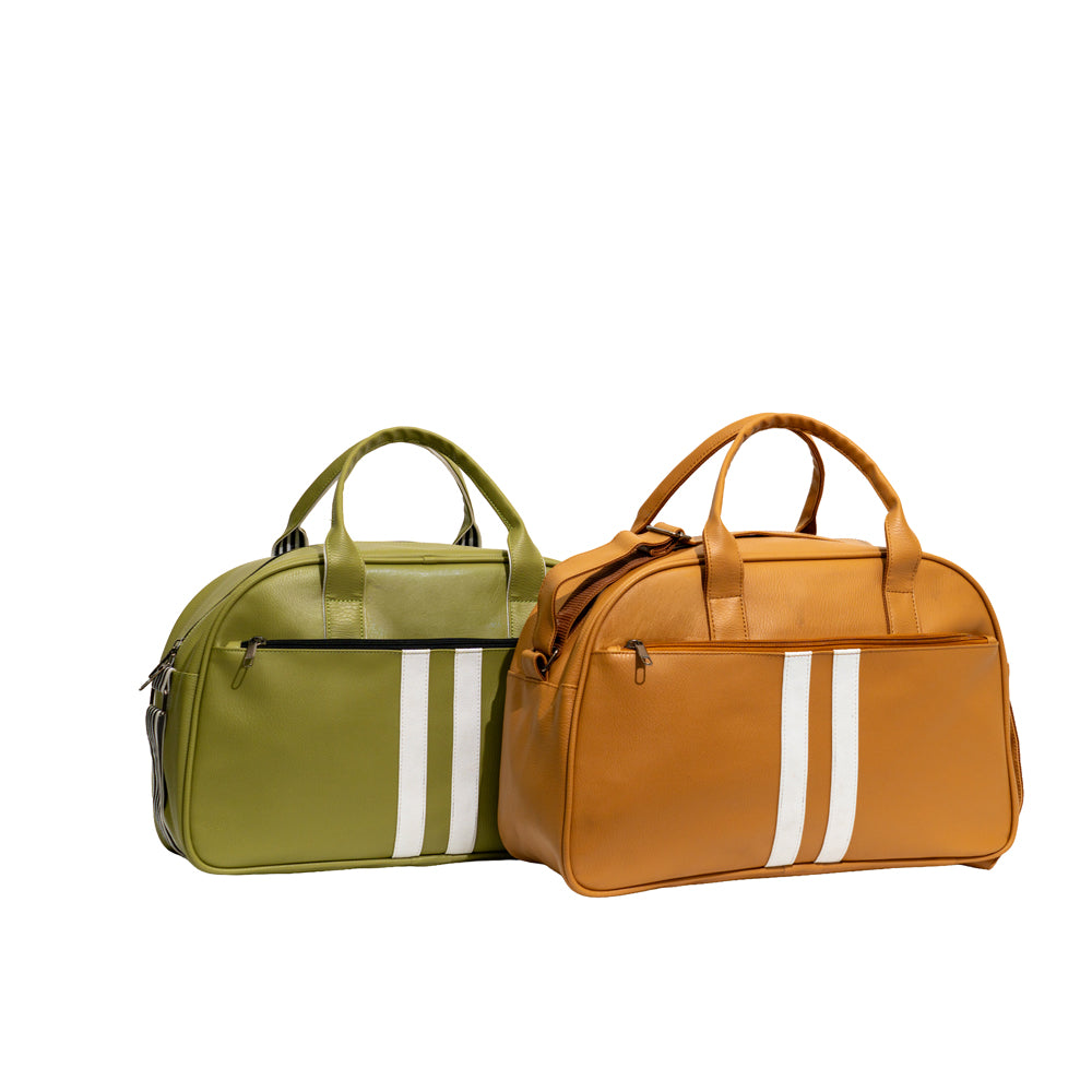 Olive Green & Mustard Yellow Double-Stripe Faux Leather Travel Duffle Bag
