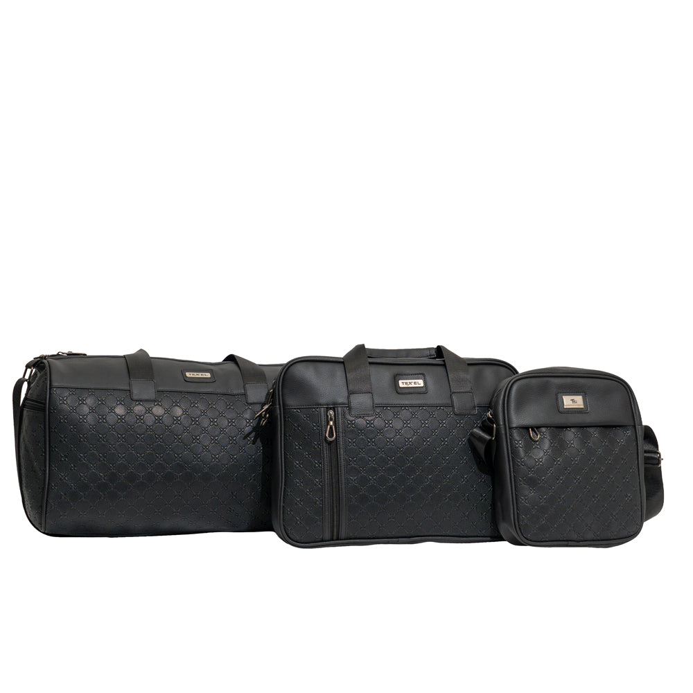 TEXEL All-Black Embossed Monogram 3-Piece Travel & Messenger Bag Combo Set (Model: TXL405)
