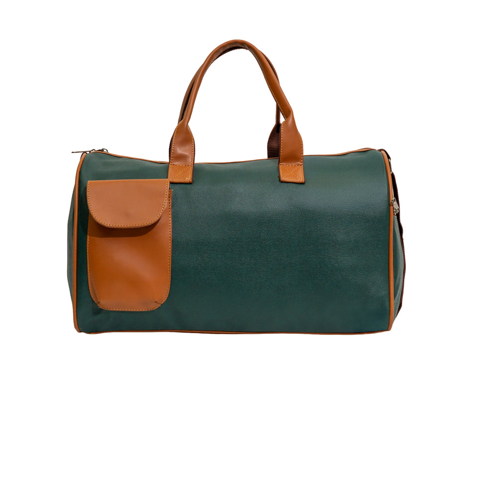 Bottle Green & Tan Flap Pocket Faux Leather Travel Duffle Bag (Model: TXL399)