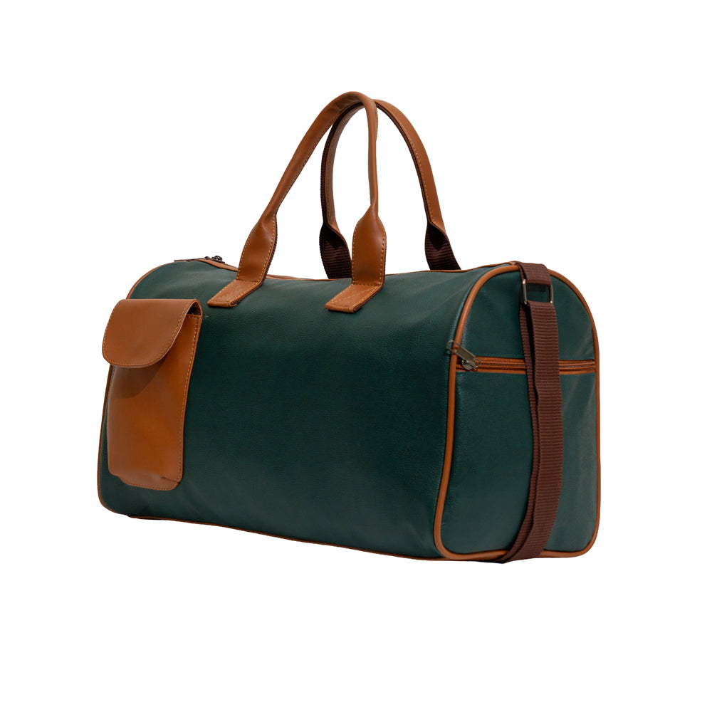 Bottle Green & Tan Flap Pocket Faux Leather Travel Duffle Bag (Model: TXL399)