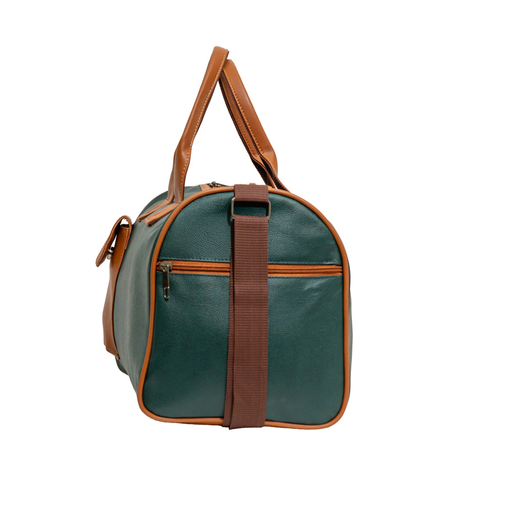 Bottle Green & Tan Flap Pocket Faux Leather Travel Duffle Bag (Model: TXL399)