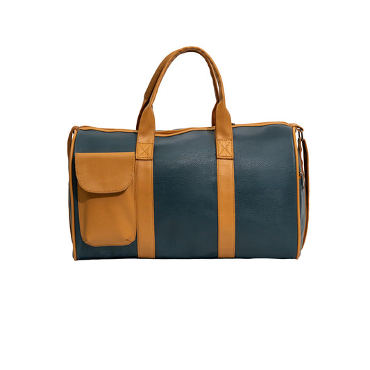 Teal Blue & Tan Flap Pocket Faux Leather Travel Duffle Bag (Model: R416)