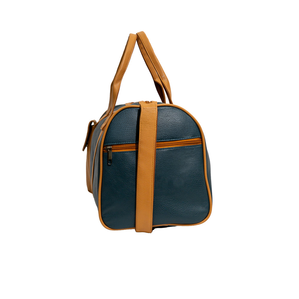 Teal Blue & Tan Flap Pocket Faux Leather Travel Duffle Bag (Model: R416)