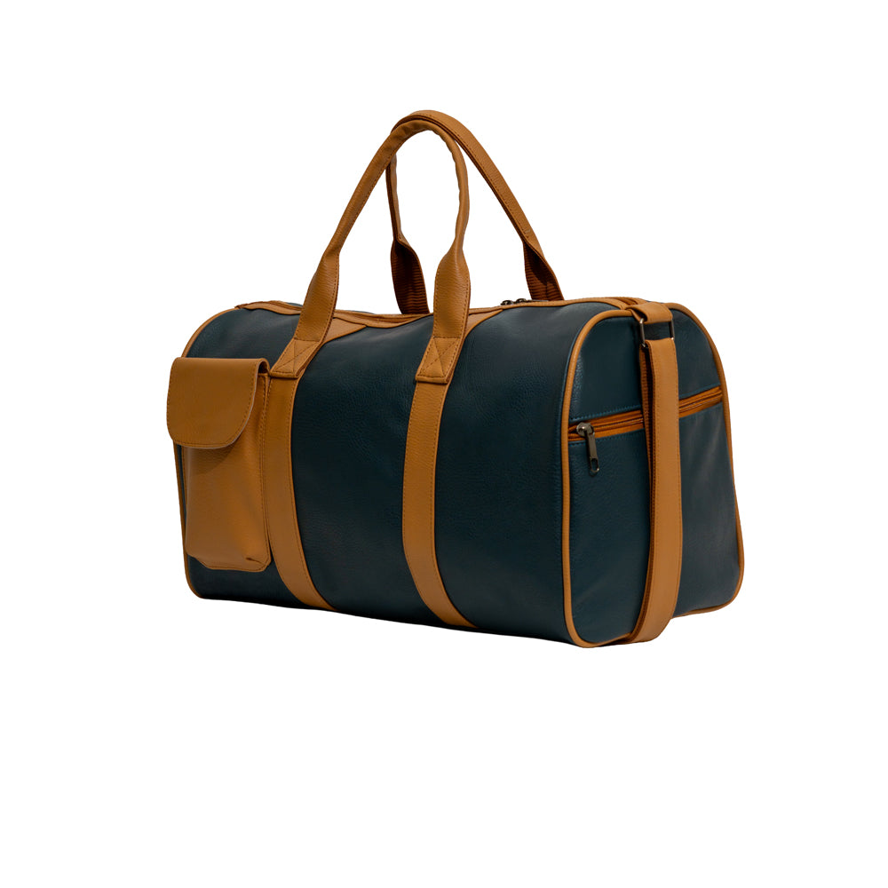 Teal Blue & Tan Flap Pocket Faux Leather Travel Duffle Bag (Model: R416)