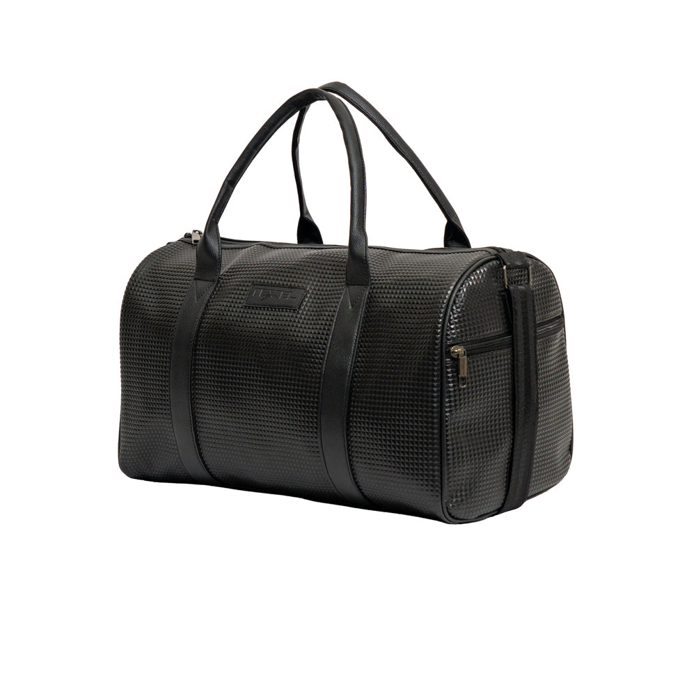 TEXEL All-Black Embossed Monogram Faux Leather Travel Duffle Bag (Model: TXL401)