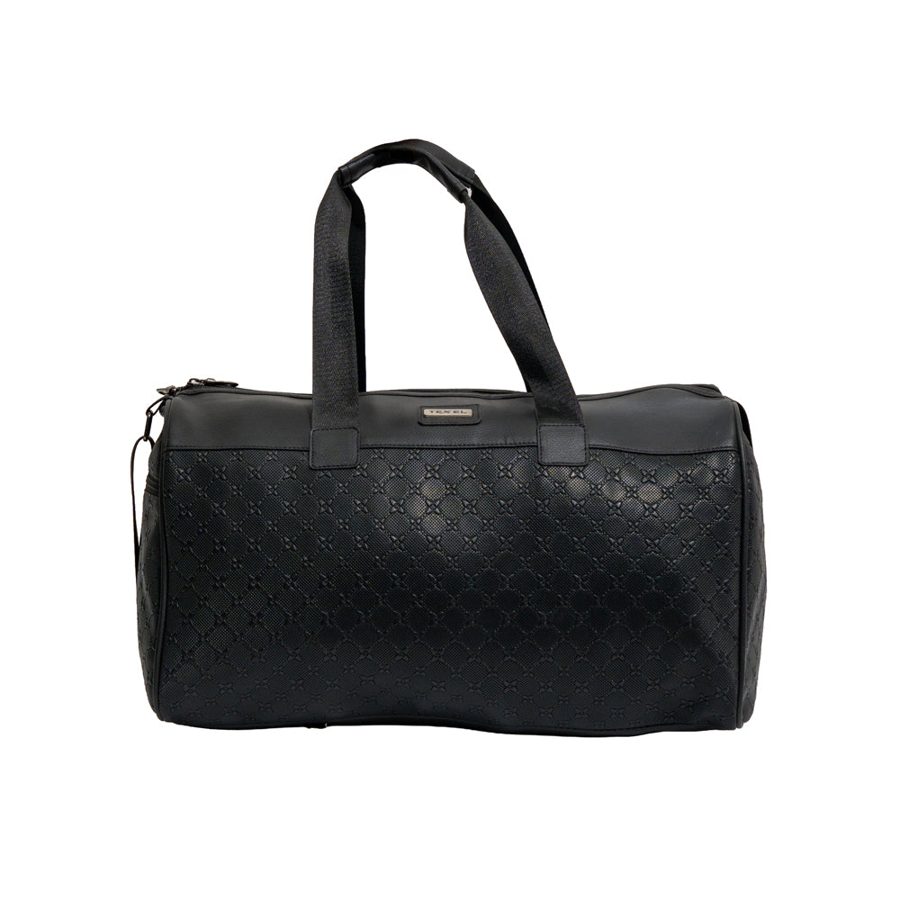 TEXEL All-Black Embossed Monogram Faux Leather Travel Duffle Bag (Model: TXL401)