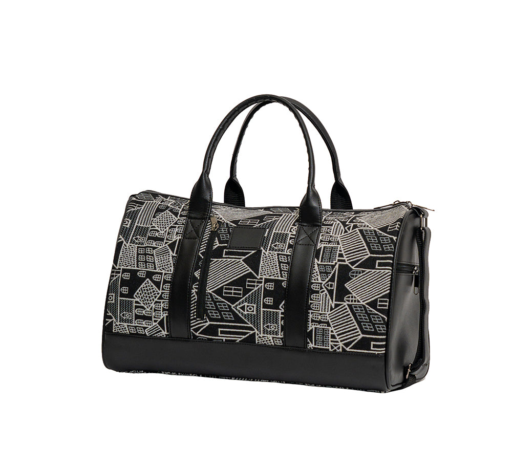 Monochrome Geometric Village Print Travel Duffle Bag (Model: OMZ102)