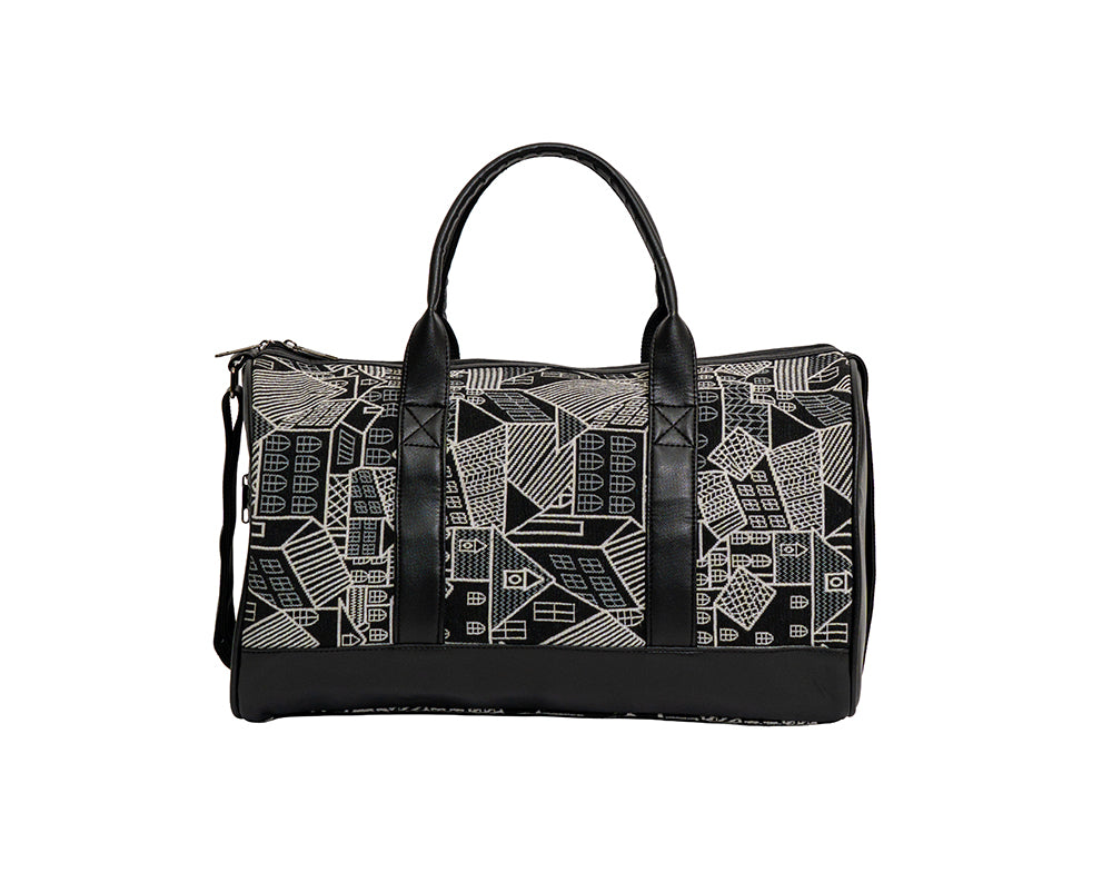 Monochrome Geometric Village Print Travel Duffle Bag (Model: OMZ102)