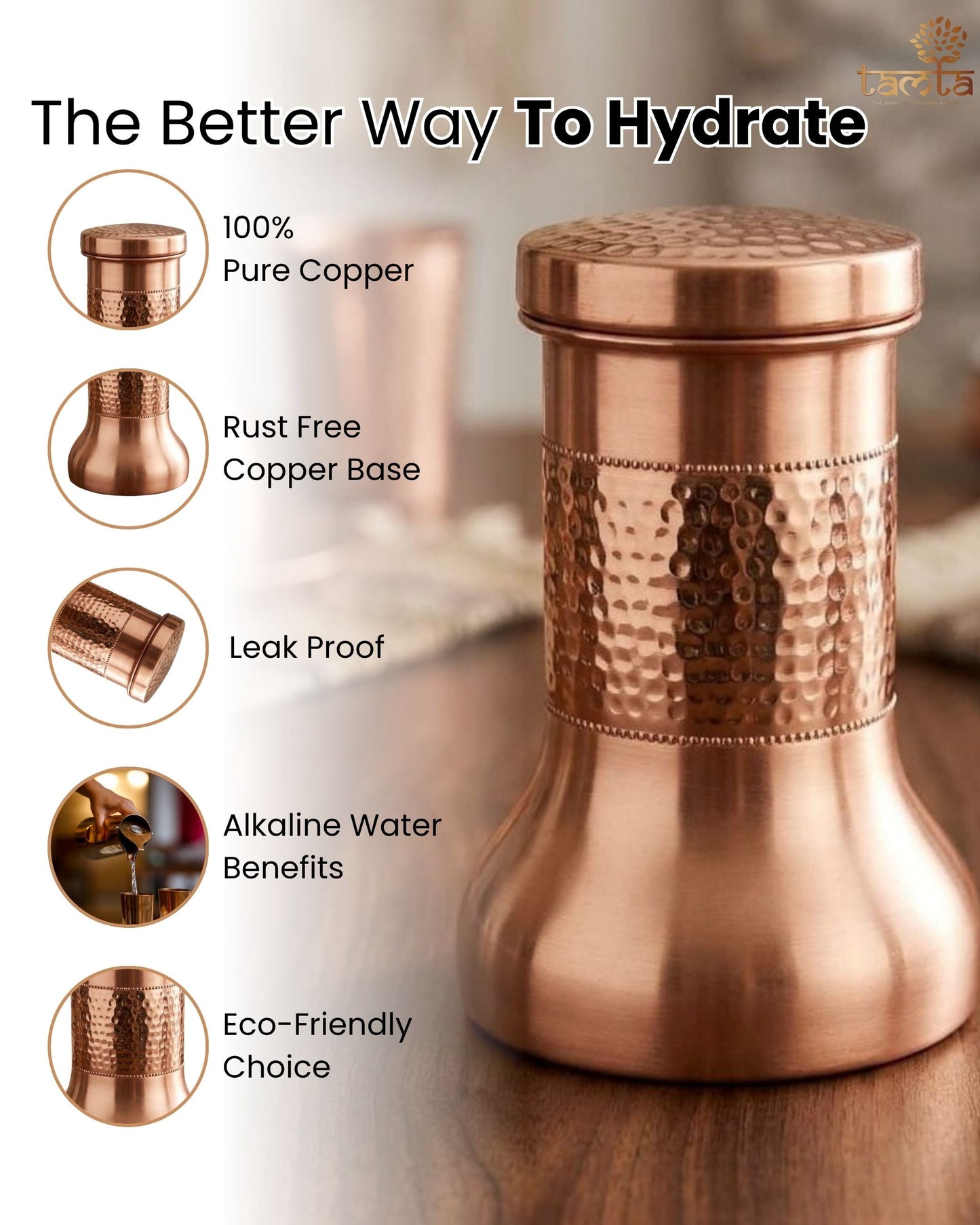 Pure Copper Water Bottle – Hammered Finish, 950 ml आरोग्य