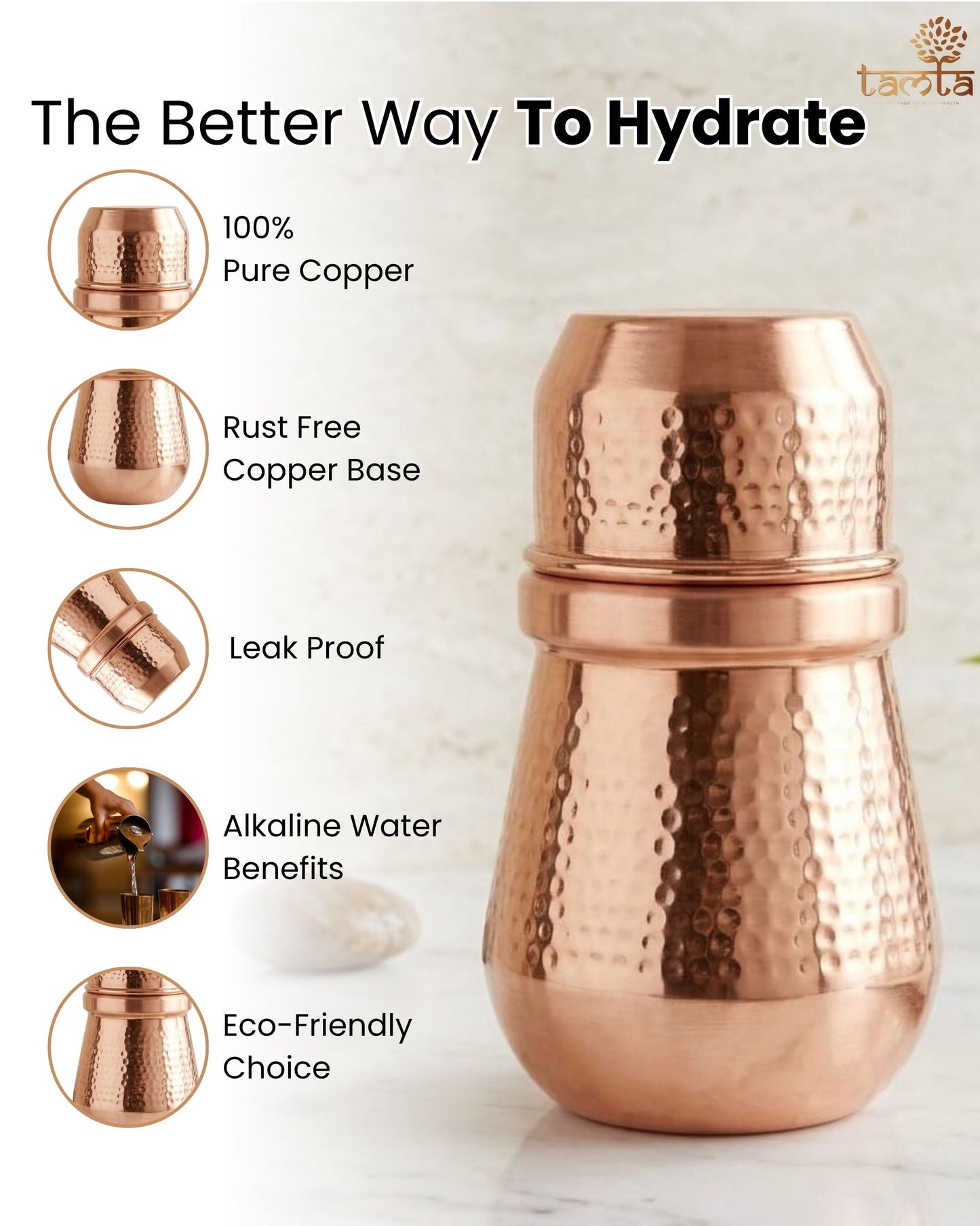 Pure Copper Water Bottle – Hammered Finish, 950 ml H011 जल