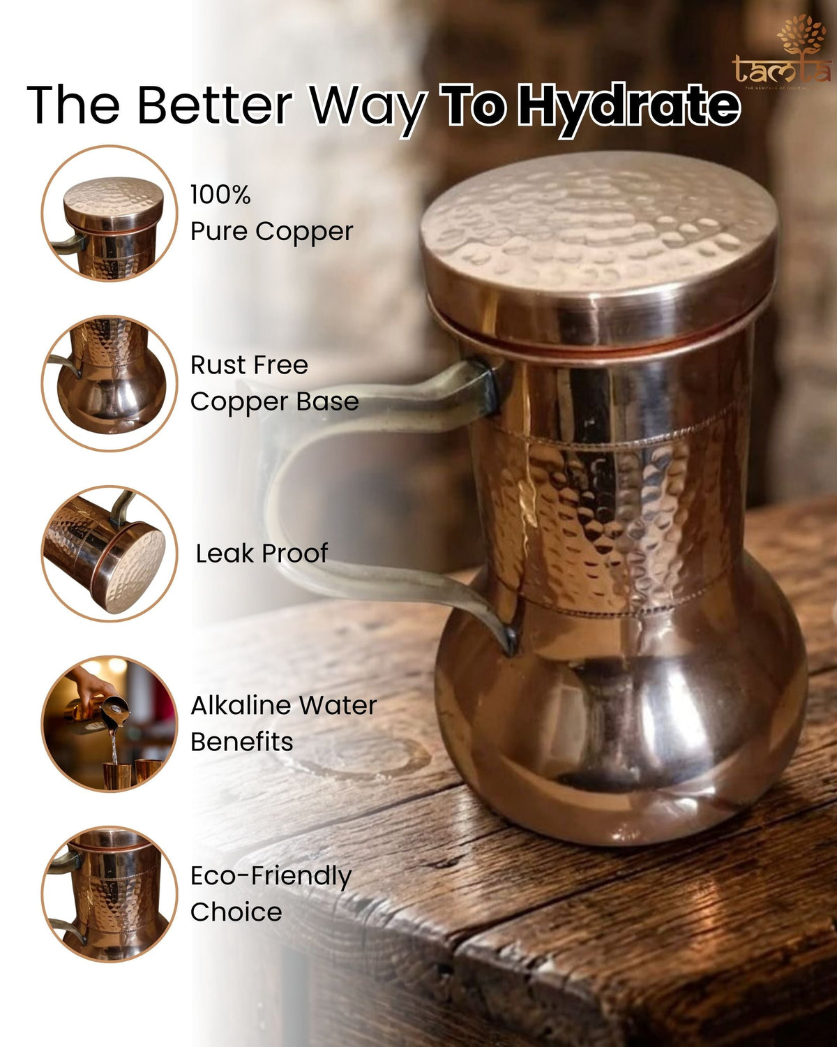 Pure Copper Water Jar H012 - 950 ML (धरोहर)