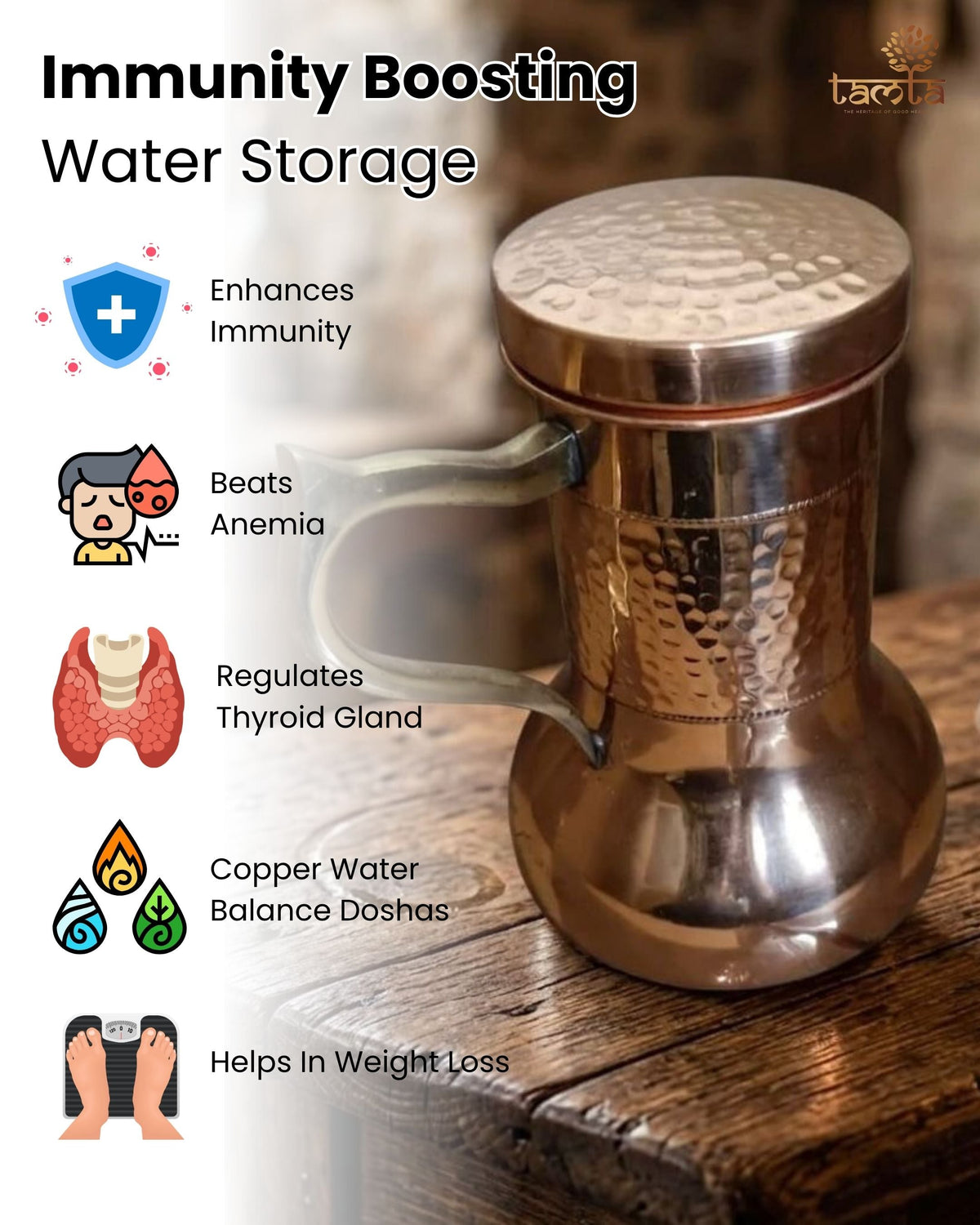 Pure Copper Water Jar H012 - 950 ML (धरोहर)