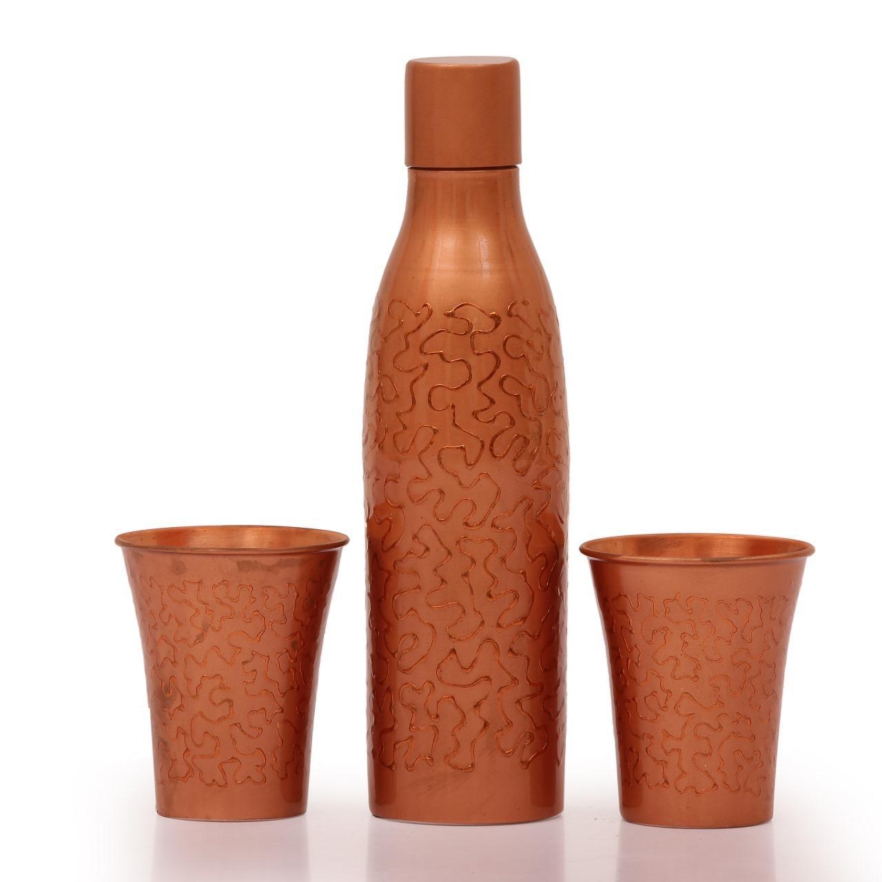 Printed Design Copper Bottle with Set of 2 Glasses Flower Design