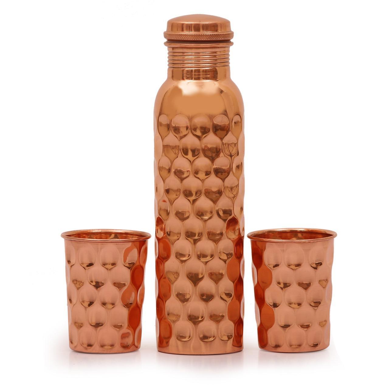 Copper Bottle with Set of 2 Glasses - Hammered