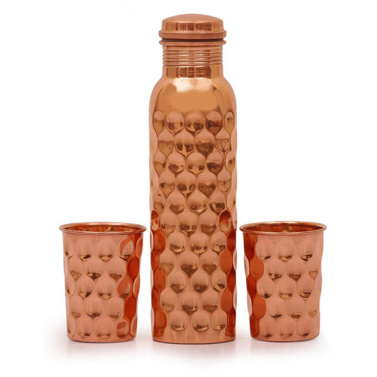 Copper Bottle with Set of 2 Glasses - Hammered