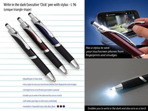 L96 – Write in the dark executive ‘Click’ pen with stylus (brass body) (Triangle shape)