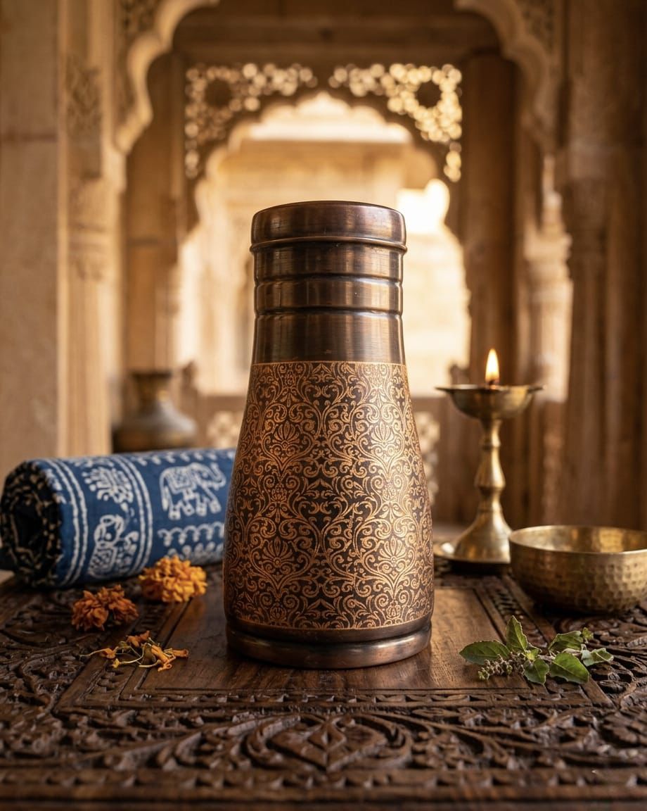 Surahi Handcrafted Copper Bottle - 950 ml Matte Finish  S005- सौभाग्य