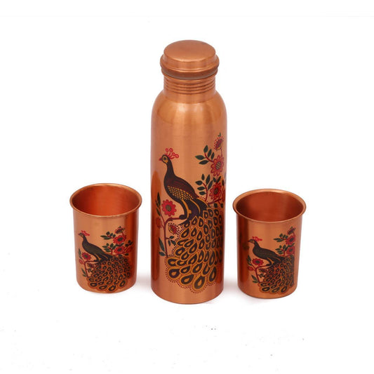 Peacock Printed Copper Bottel And Two Glass Set