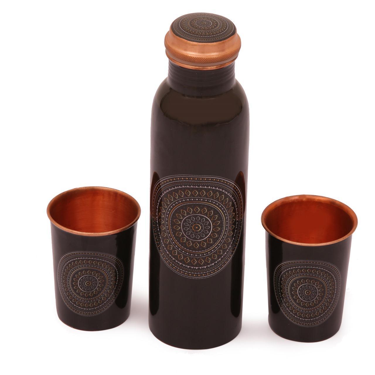 Printed Design Copper Bottle with Set of 2 Glasses- Black