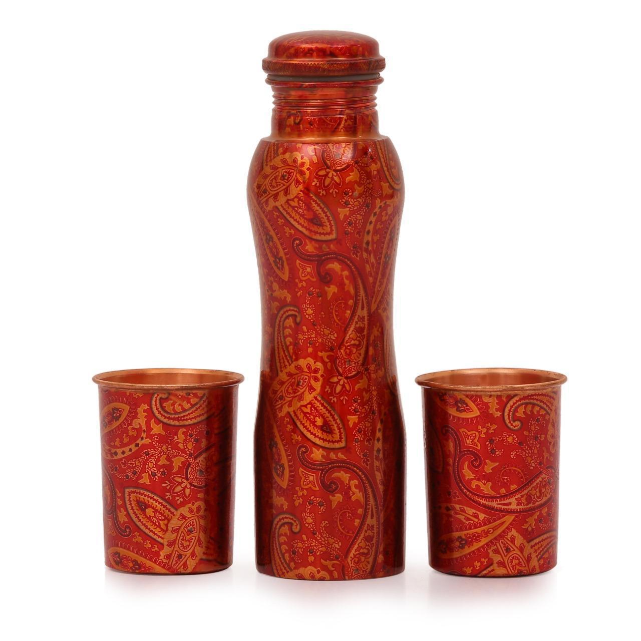 Antique Pure Copper Bottel And Two Glass Set For Gifting And Self Use (Pink Print)