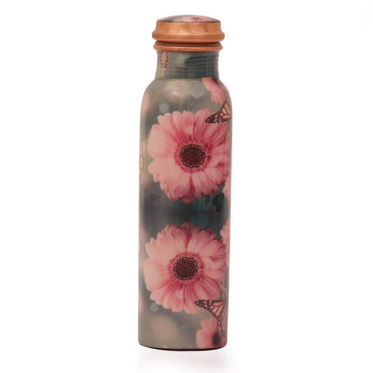 Copper Water Bottle, 1L, Set of 1, Flower Printed