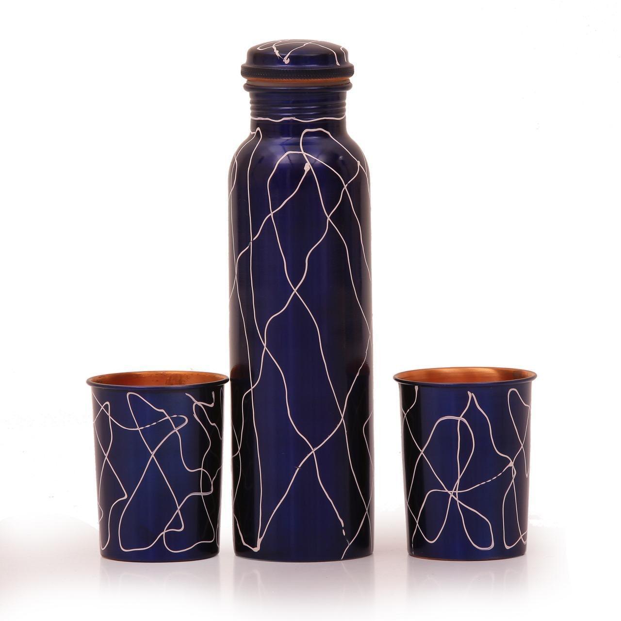 NAvy Blue Copper Printed Bottle and Two Glass Set
