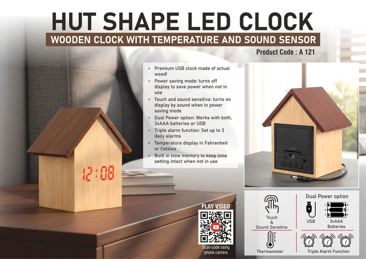 A121 – Hut shape wooden LED clock with temperature and sound sensor | Dual power (Battery / USB)