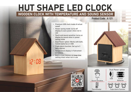 A121 – Hut shape wooden LED clock with temperature and sound sensor | Dual power (Battery / USB)
