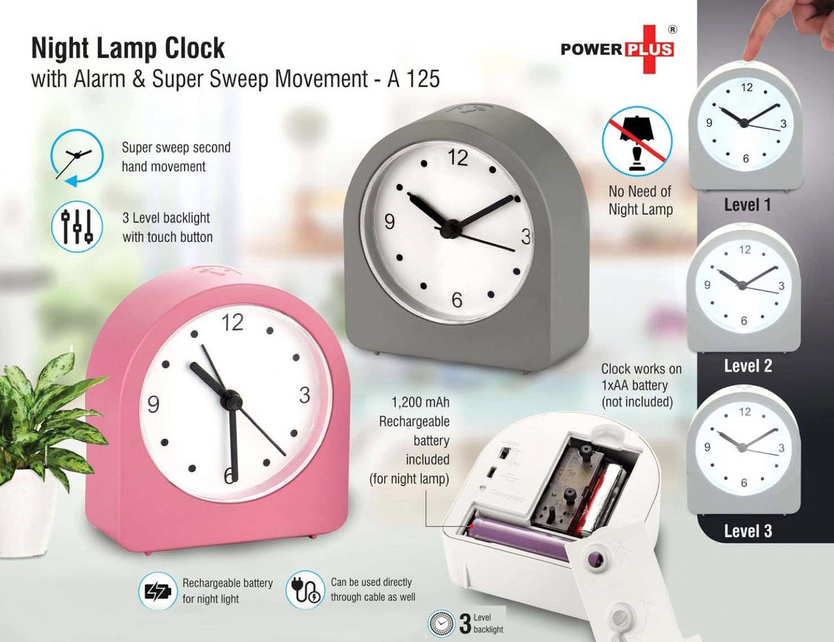 A125 – Night lamp clock with Alarm and Super Sweep movement | Rechargeable Lamp | 3 Level backlight