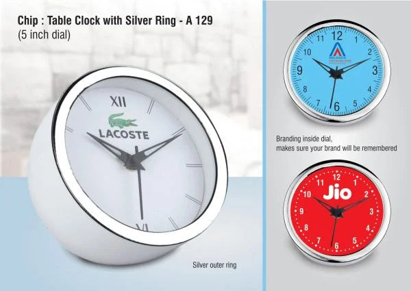 A129 – Chip: Table clock with Silver ring | 5 inch dial