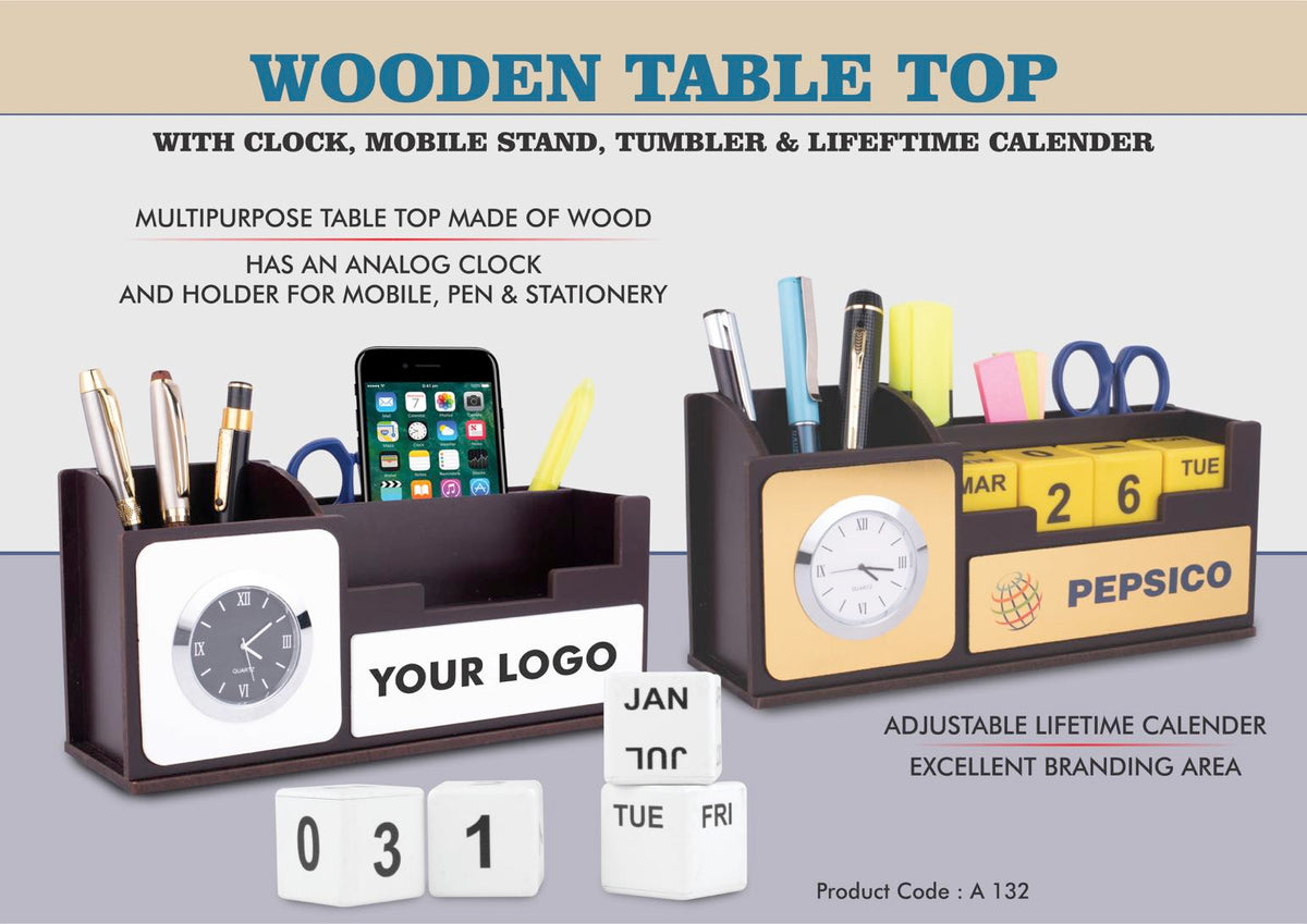 A132 – Wooden Table top with Clock, mobile stand, tumbler, and Lifetime Calendar